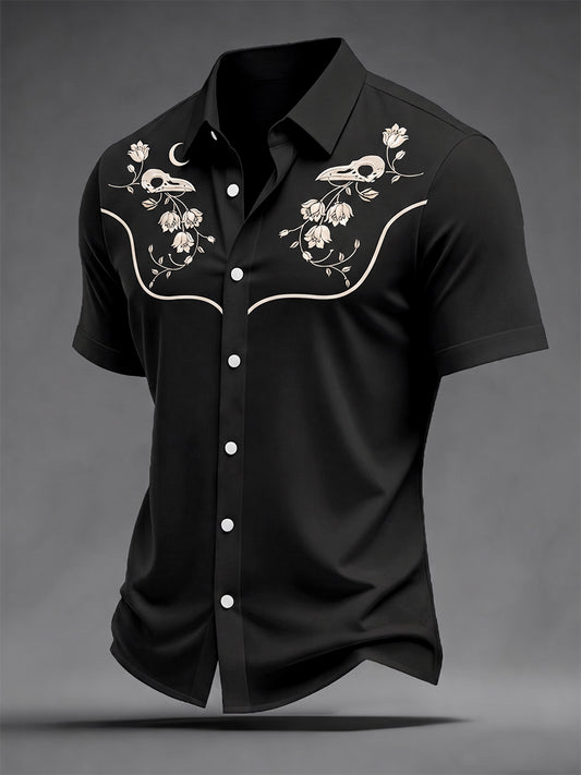 Men's Retro Flower And Raven Skull Print Casual Short Sleeve Shirt