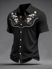 Men's Retro Flower And Raven Skull Print Casual Short Sleeve Shirt