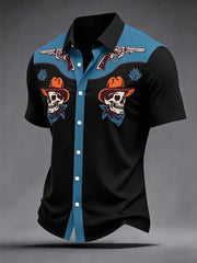 Men's Retro Cowboy Gun Print Casual Short Sleeve Shirt