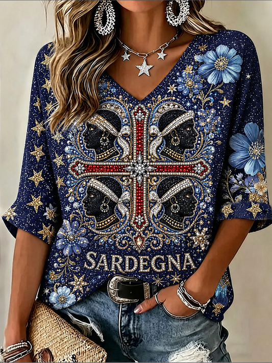 Women's Sardegna Quattro Mori Mid-length Sleeves V-Neck T-Shirt