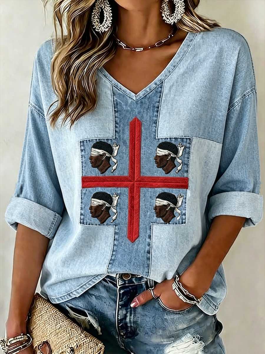 Women's Sardegna Quattro Mori Mid-length Sleeves V-Neck T-Shirt