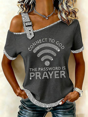 Women's "Connect To God,The Password IS Prayer" Off-the-Shoulder Short-Sleeve T-Shirt