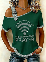 Women's "Connect To God,The Password IS Prayer" Off-the-Shoulder Short-Sleeve T-Shirt