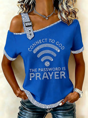 Women's "Connect To God,The Password IS Prayer" Off-the-Shoulder Short-Sleeve T-Shirt