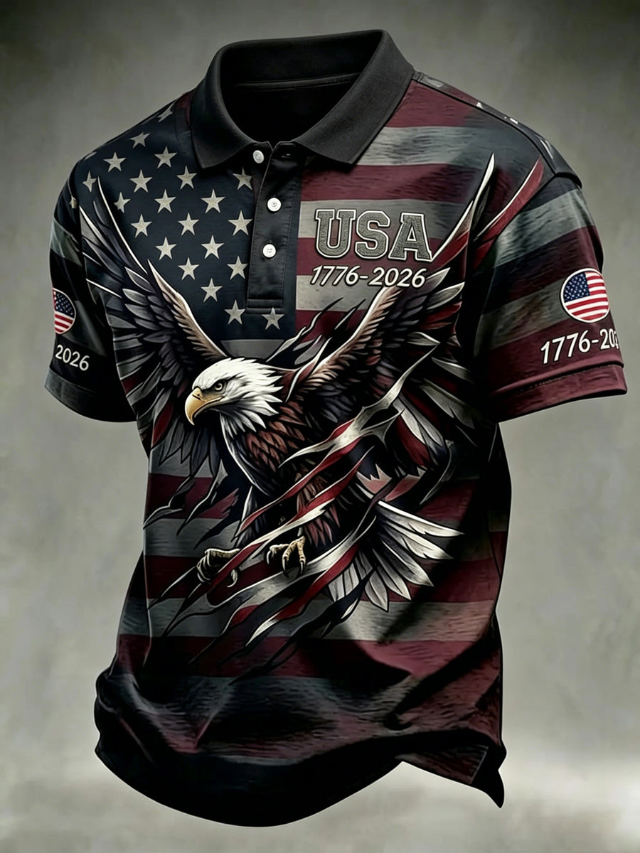 Men's Independence Day USA Flag Bald Eagle Print Casual Patriotic Polo