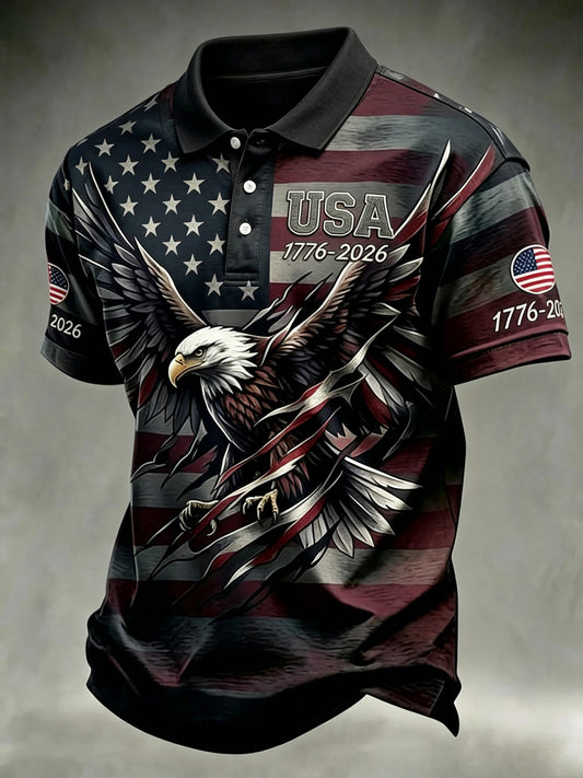 Men's Independence Day USA Flag Bald Eagle Print Casual Patriotic Polo