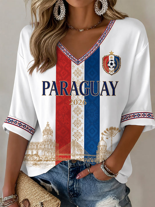 Women's Gift For Paraguay Football Fans Casual Half-Sleeve V-Neck T-Shirt