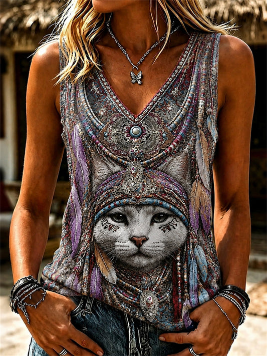 Women's Vintage Western Cat Ethnic Feathers Art Print V Neck Tank Top