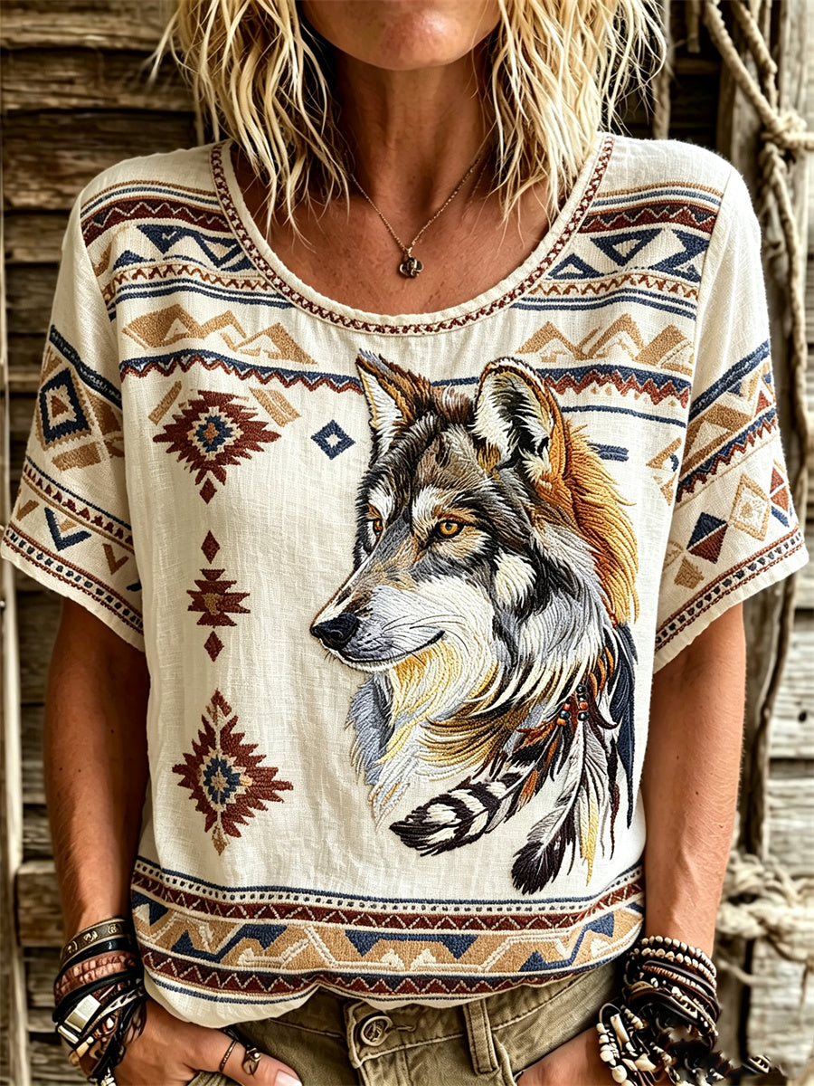 Women's Vintage Western Wolf Ethnic Feathers Aztec Print linen short-sleeved T-shirt