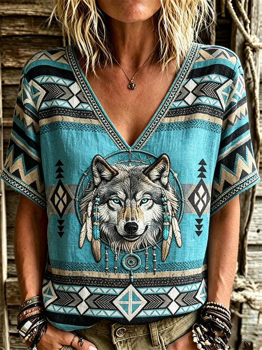 Women's Vintage Western Wolf Dreamcatcher Ethnic Aztec Print linen short-sleeved T-shirt