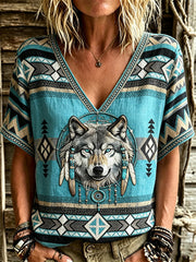 Women's Vintage Western Wolf Dreamcatcher Ethnic Aztec Print linen short-sleeved T-shirt