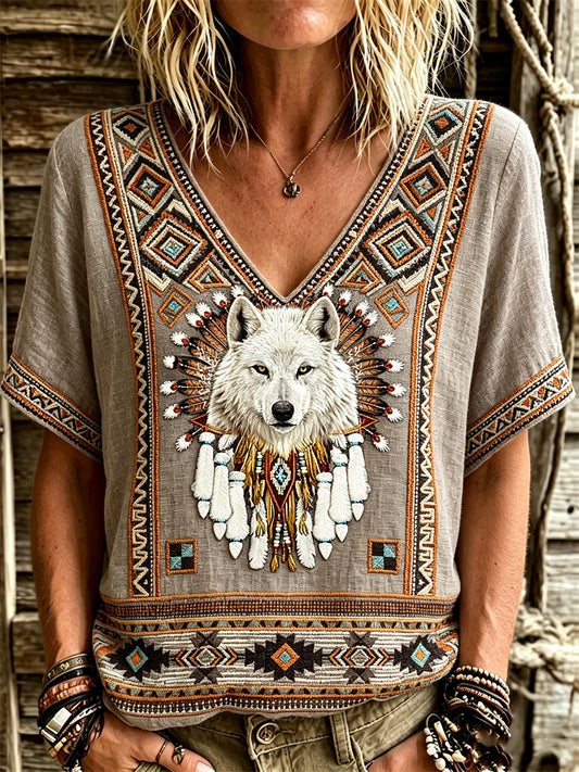 Women's Vintage Western Wolf Dreamcatcher Ethnic Aztec Print linen short-sleeved T-shirt