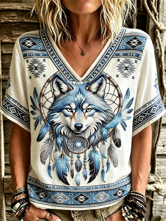 Women's Vintage Western Wolf Dreamcatcher Ethnic Aztec Print linen short-sleeved T-shirt
