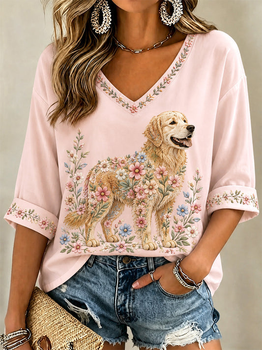 Women's Floral Dog Print Casual V-Neck Tee