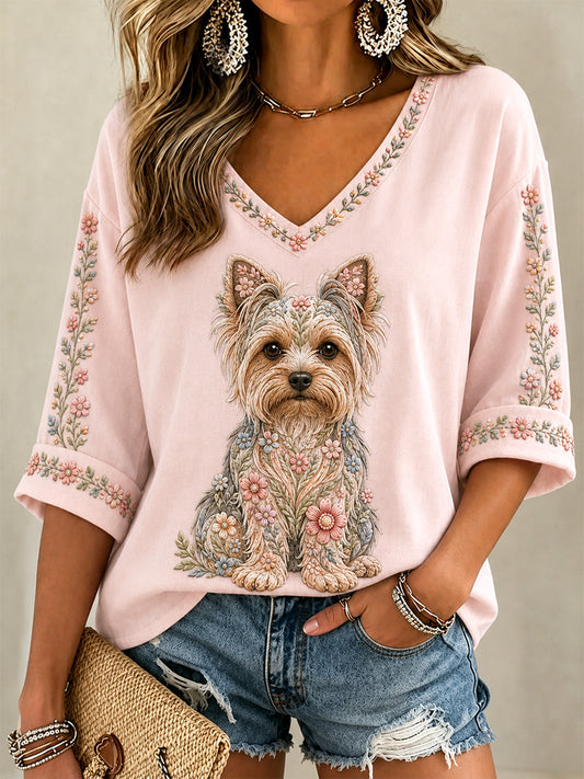 Women's Floral Dog Print Casual V-Neck Tee