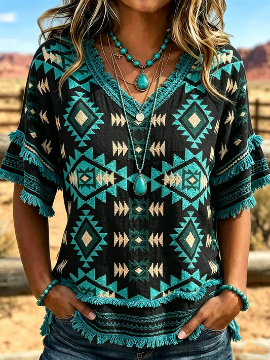 Women's western style ethnic pattern printed casual cotton and linen shirt