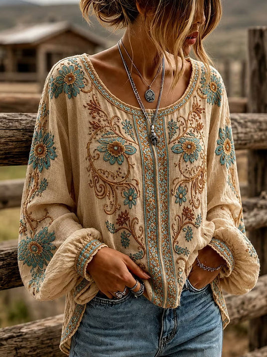 Women's Western Floral Cotton Linen Shirt