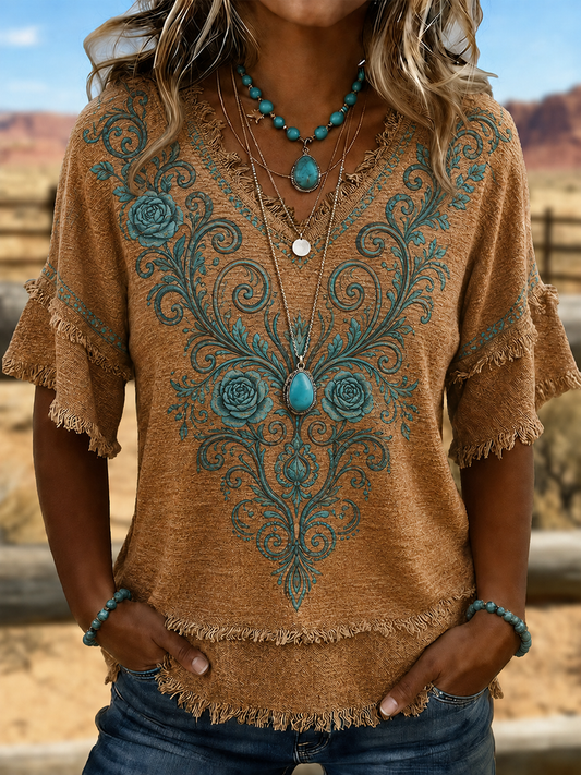 Women's Western-style print Cotton-Linen Shirt