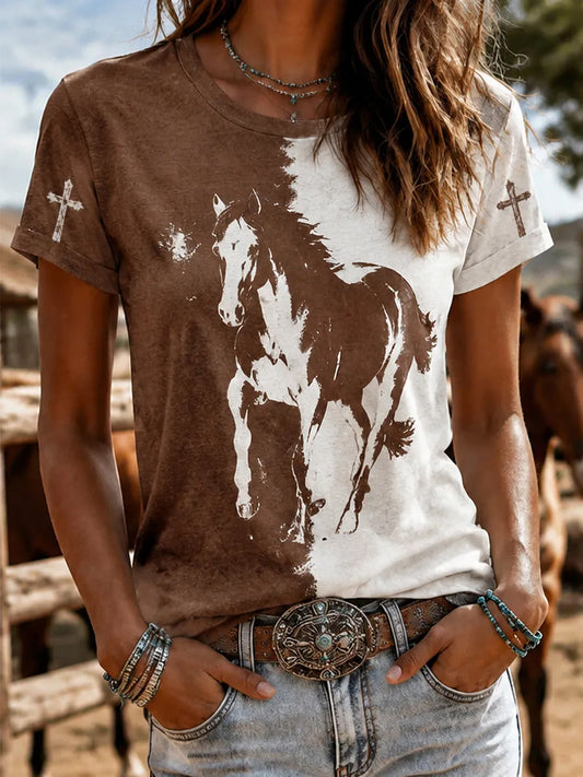 Women's Retro Western Horse Short Sleeve T-shirt