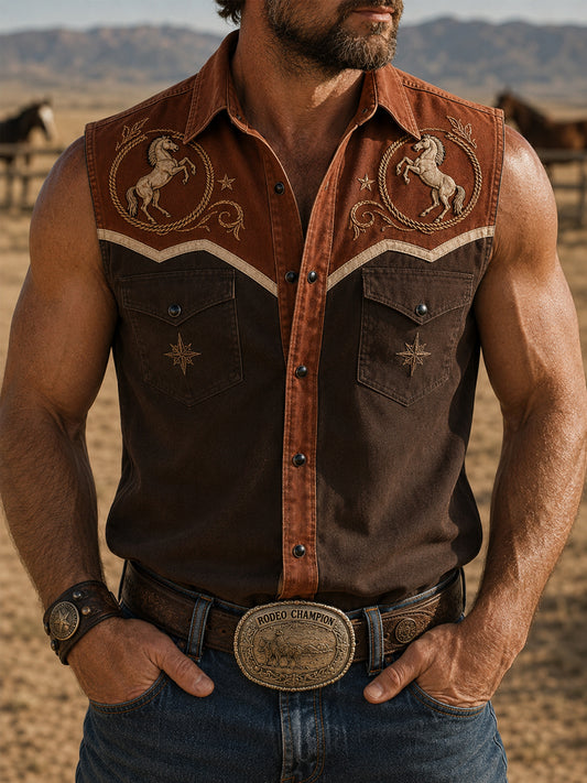 Men's Retro Western Horse Print Sleeveless Shirt