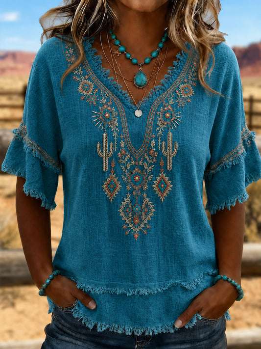 Women's Retro Western Art  Cotton-Linen Shirt