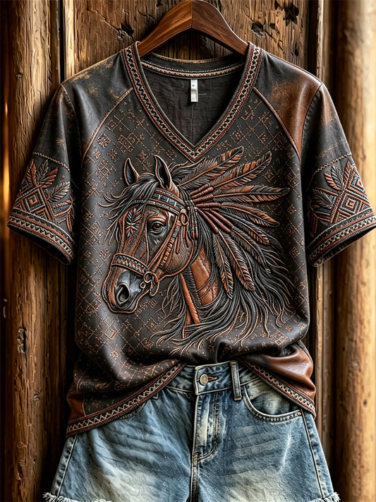 Women's Vintage Western Horse Ethnic Leather Art Print V-neck short-sleeved T-shirt