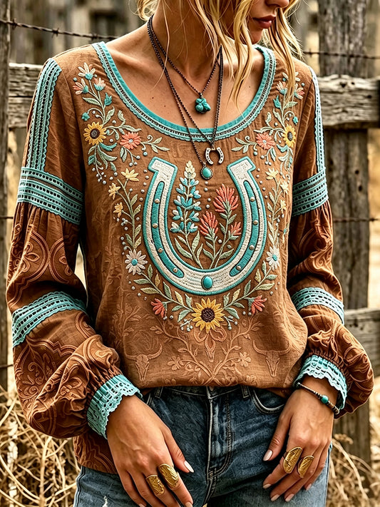 Women's Classy Retro Western Floral Art Print Cotton and Linen Top