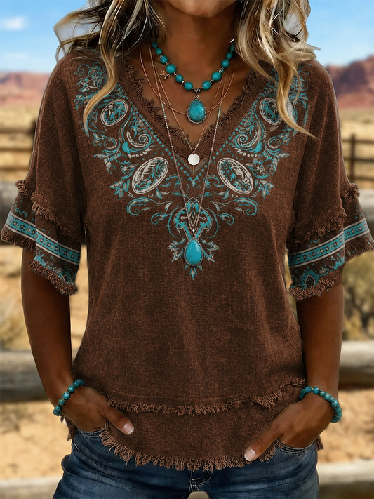 Women's Western-style print Cotton-Linen Shirt