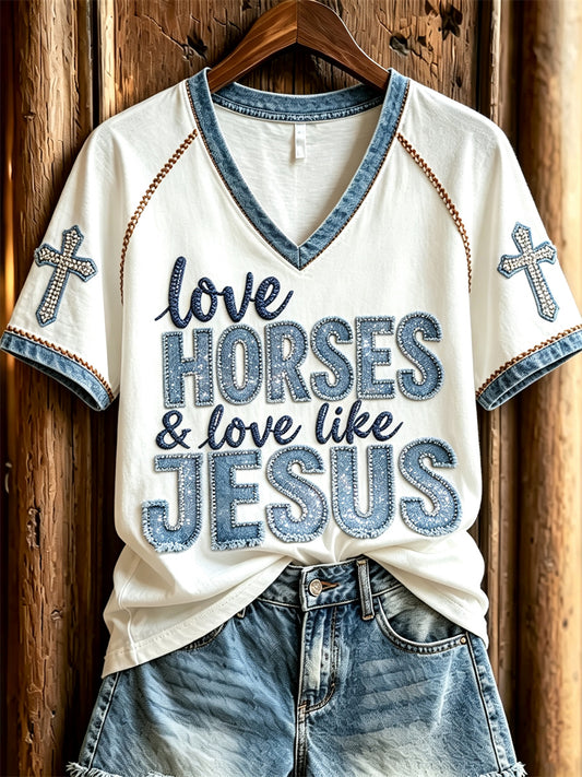 Women's Love Horses & Love Like Jesus Vintage Denim Art short-sleeved T-shirt