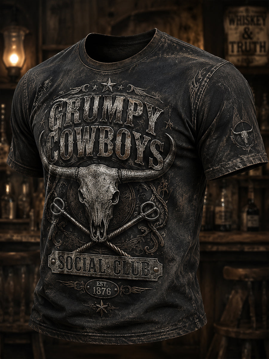Men's Retro Western Cowboy Skull Graphic Distressed T-Shirt