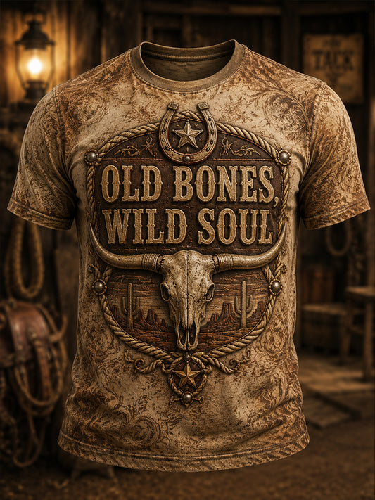 Men's Retro Western Cowboy Skull Graphic Distressed T-Shirt