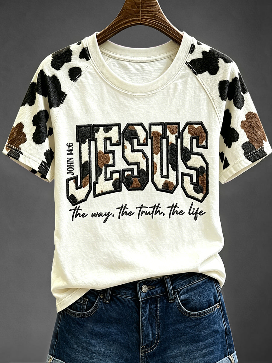 Women's Western Cowhide Jesus Print Round Neck Short Sleeve T-shirt