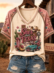 Women's She's From Texas I Can Tell Print Casual V-Neck Tee