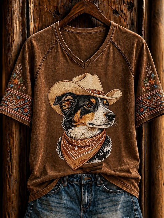 Women's Retro Western Cowboy Dog Short Sleeve T-shirt