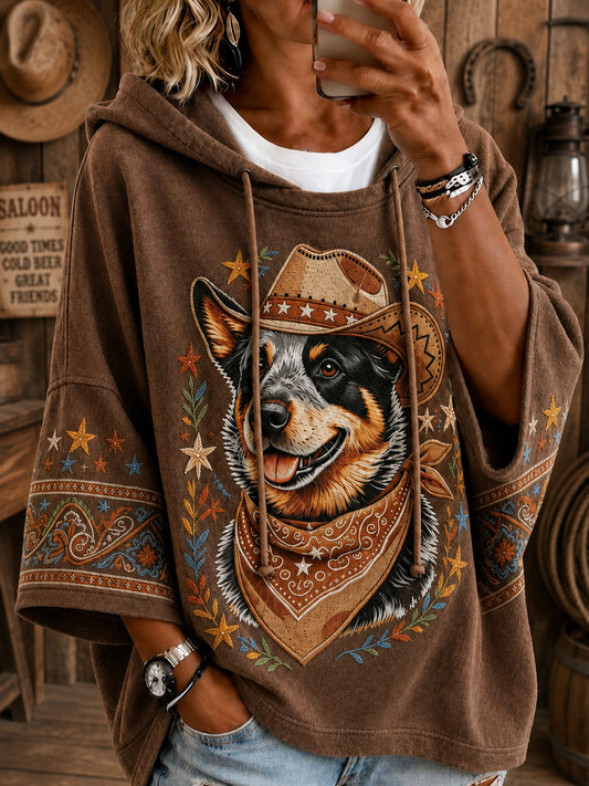 Women's Retro Western Cowboy Dog  Casual Loose Hoodie
