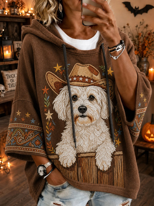 Women's Retro Western Cowboy Dog  Casual Loose Hoodie