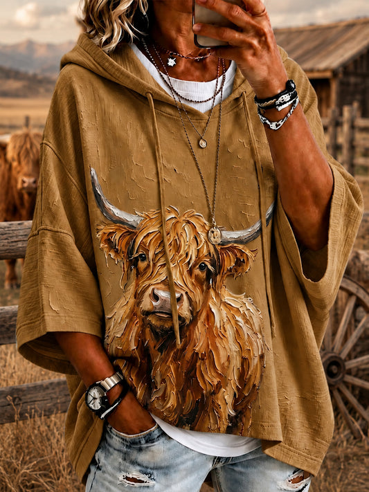 Women's Retro Western Highland Cattle Casual Loose Hoodie