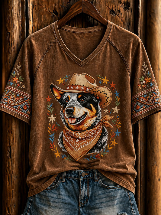 Women's Retro Western Cowboy Dog Short Sleeve T-shirt