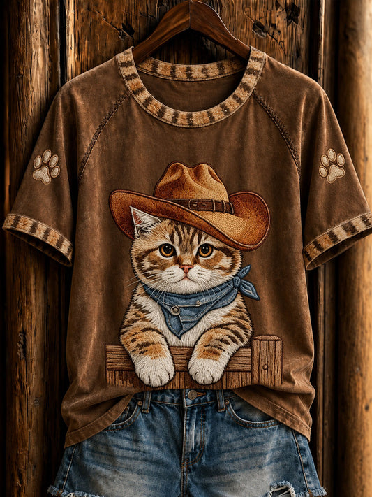 Women's Retro Western Cowboy Cat Short Sleeve T-shirt