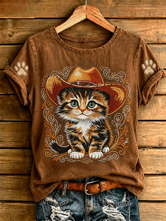 Women's Retro Western Cowboy Cat Short Sleeve T-shirt
