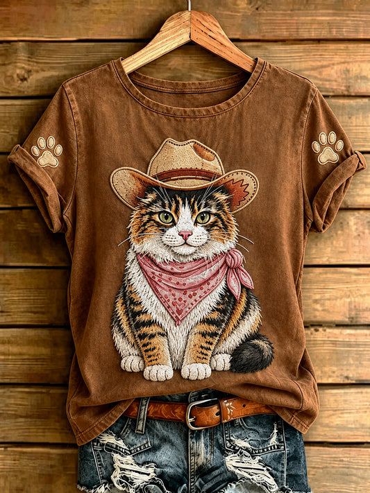 Women's Retro Western Cowboy Cat Short Sleeve T-shirt