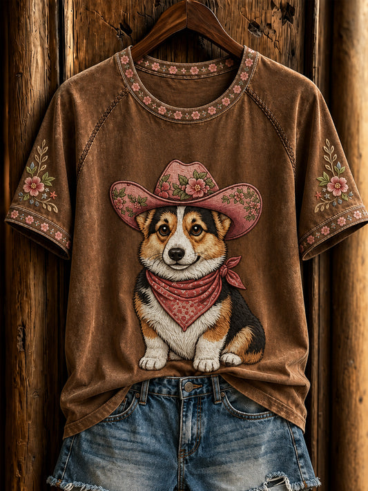 Women's Retro Western Cowboy Dog Short Sleeve T-shirt