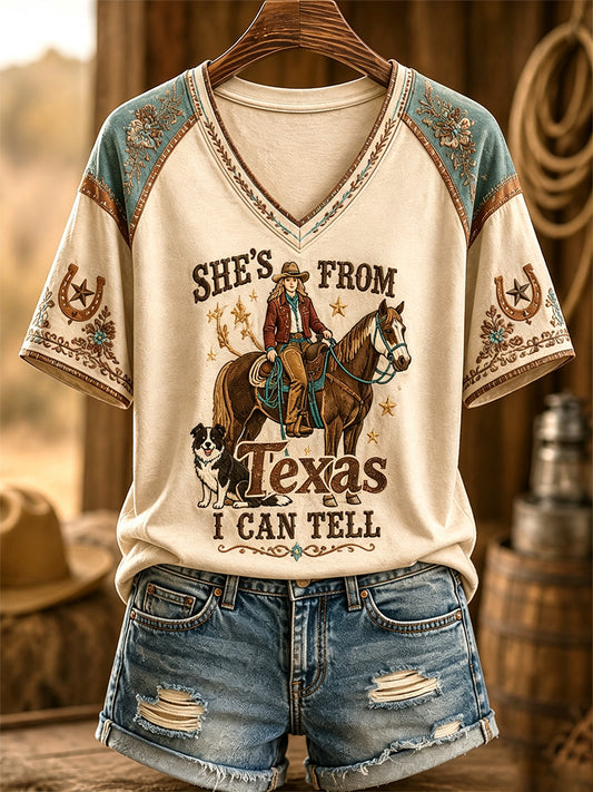 Women's She's From Texas I Can Tell Print Casual V-Neck Tee
