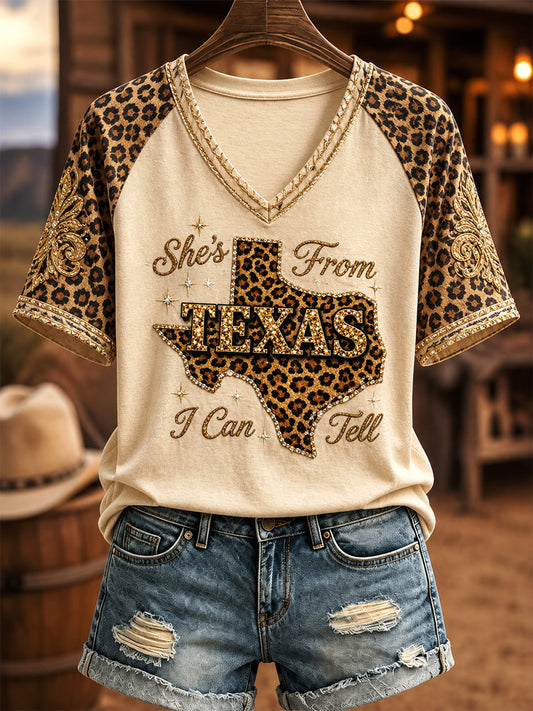 Women's She's From Texas I Can Tell Print Casual V-Neck Tee