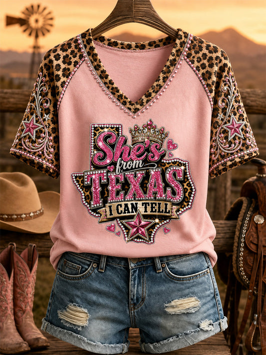 Women's She's From Texas I Can Tell Print Casual V-Neck Tee
