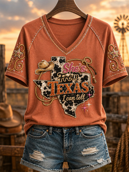 Women's She's From Texas I Can Tell Print Casual V-Neck Tee