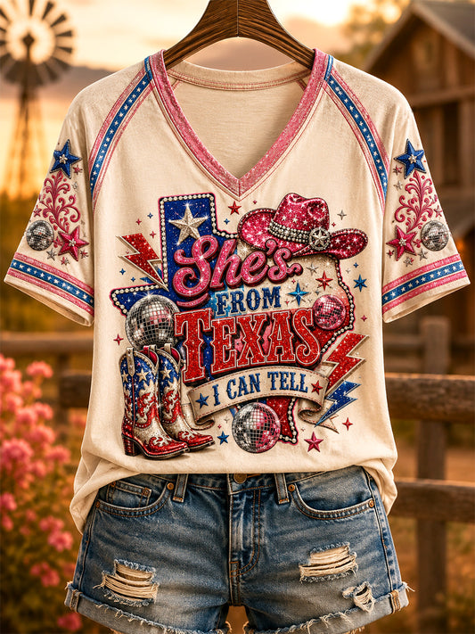 Women's She's From Texas I Can Tell Print Casual V-Neck Tee