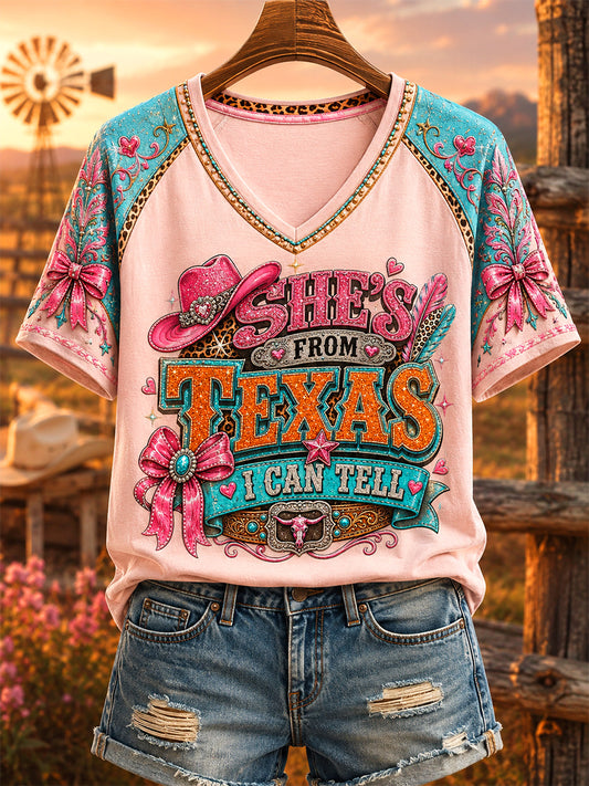 Women's She's From Texas I Can Tell Print Casual V-Neck Tee