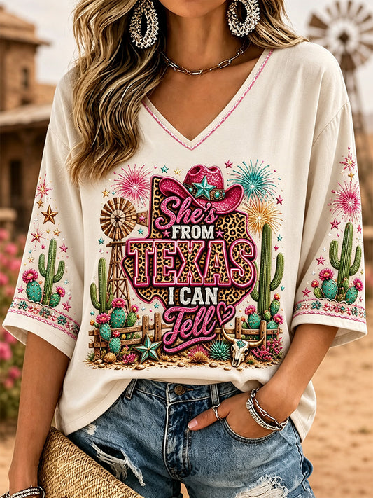 Women's She's From Texas I Can Tell Print Casual V-Neck Tee