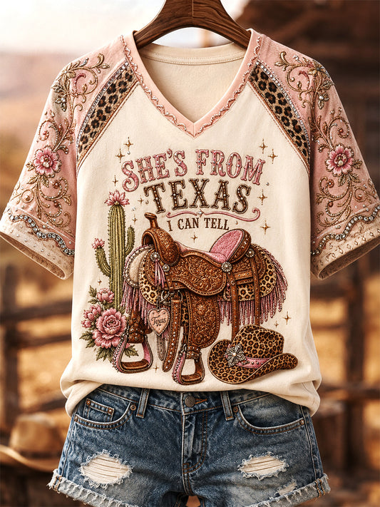 Women's She's From Texas I Can Tell Print Casual V-Neck Tee
